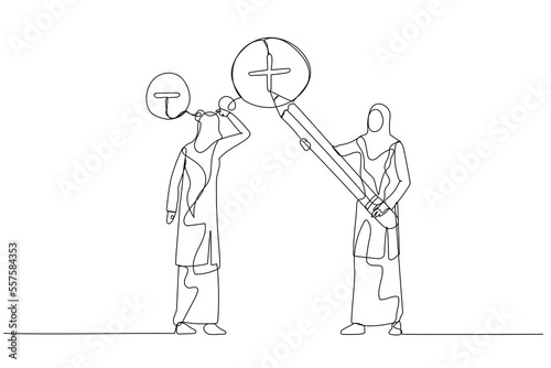 Illustration of muslim woman manager using pencil to draw positive sign on employee negative thought concept of attitude. Continuous line art style