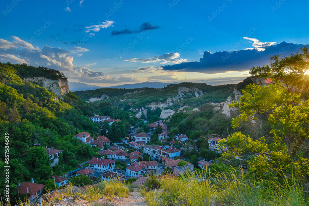 Bulgarian mountain town in the Pirin Mountains at sunset, Melnik Bulgaria