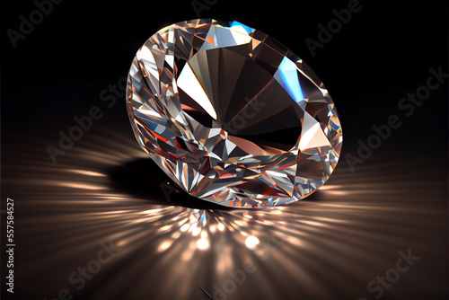 Diamond jewel on dark background. Beautiful sparkling shining round shape emerald image with reflective surface. High quality real 3D render brilliant jewelry stock image