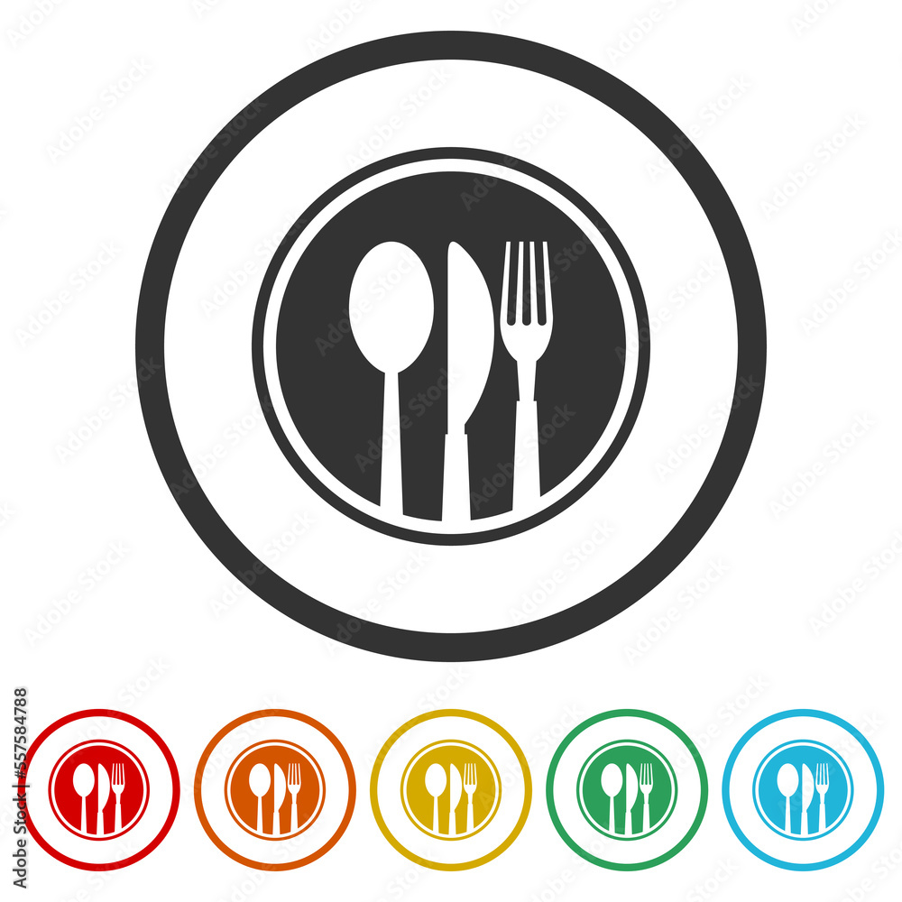 Cutlery icon. Set icons in color circle buttons Cutlery icon. Set icons in color circle buttons