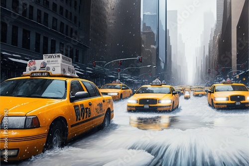 Flooding of New York street with snowmelt and yellow cabs. Generative AI