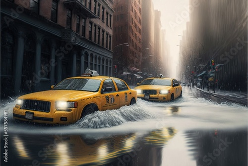 Flooding of New York street with snowmelt and yellow cabs. Generative AI