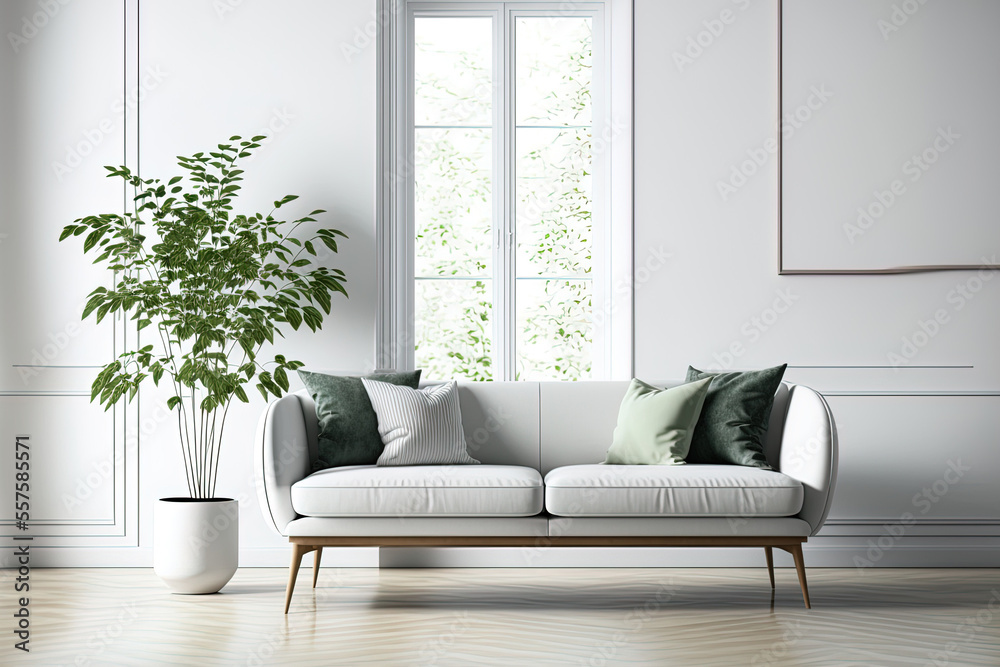 Fototapeta premium couch in a white living room. Scandinavian style in decorating. Generative AI