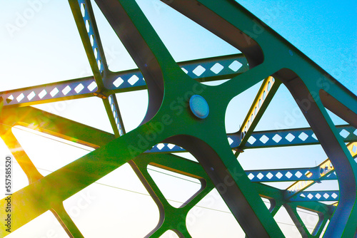 The Old Bridge over the Danube River in Bratislava, Slovakia. Green steel bridge