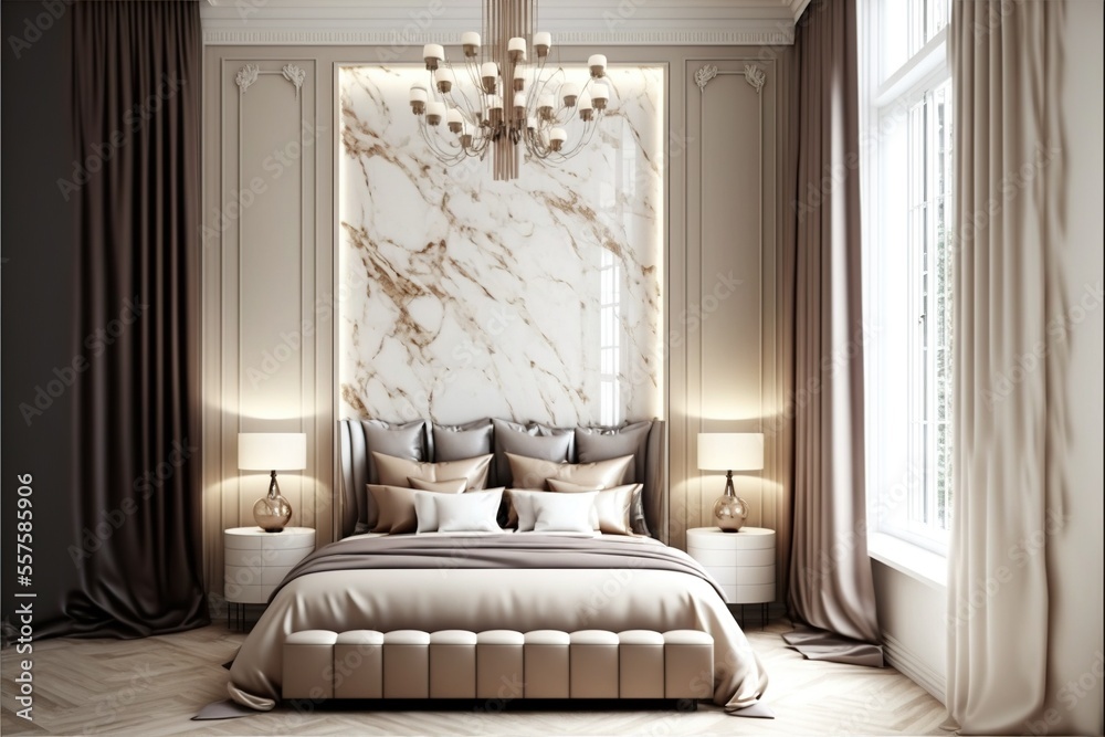 Fototapeta premium Luxurious large bedroom with marble slabs and a bed in the center. Delicate beige colors - ivory, milk, brown, taupe. Generative AI