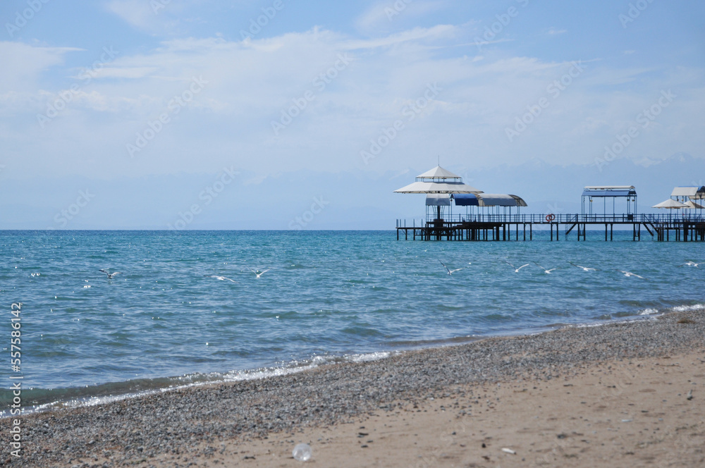 Fototapeta premium Summer bacground. Pier and seagulls on a sunny day. Landscape of a beautiful mountain lake. Tourism or vacation concept. Kyrgyzstan. Issyk-Kul. Color nature photo. Hello Summer.