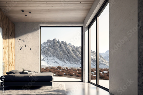 A contemporary, luxurious mountain sided home with an empty room that has a wooden wall, a concrete floor, and a ceiling with mountain scenery gives the impression that it is in the distance. Use as a