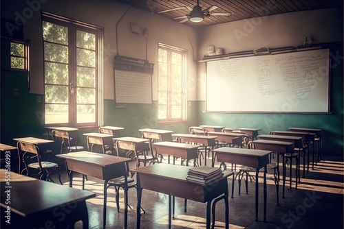 Lecture room or School empty classroom with desks and chair iron wood for studying lessons in high school  interior of secondary education  with whiteboard  vintage tone. Generative AI