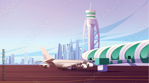 Dubai airport realistic illustration plan skyline background vector
