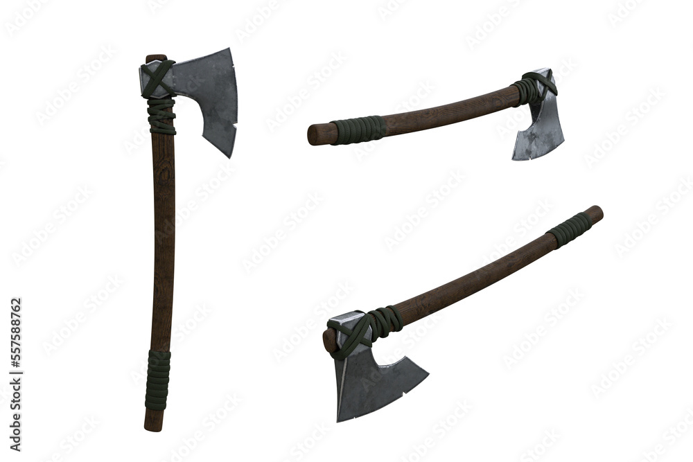 Viking bearded axe medieval weapon. 3 angles 3d rendering isolated. Stock Illustration Adobe Stock