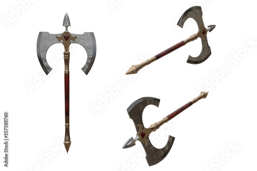 Double headed medieval battle axe. Isolated 3d illustration with 3 angles. photo