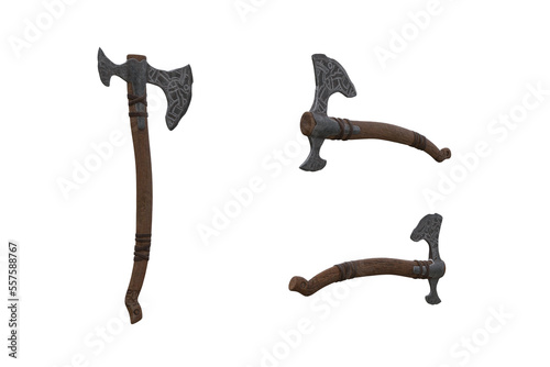 Medieval Viking bearded axe weapon. 3D illustration isolated set of 3 different angles. photo