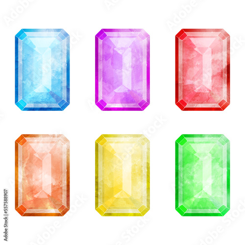 エメラルドカットのジュエリー水彩イラストセット素材