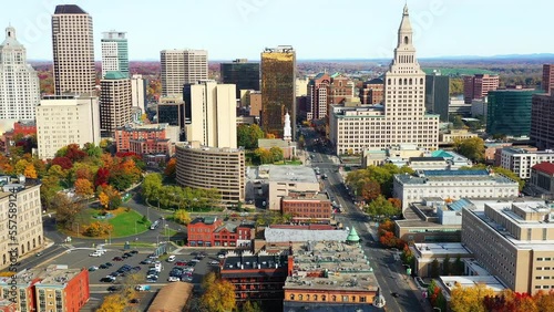 Aerial hyperlapse view of Hartford, Connecticut, United States in autumn 4K
