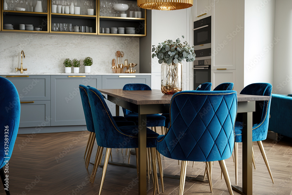 Dining room in a studio apartment with a large, stylish dining table. wooden table top and blue fabric chairs. Generative AI