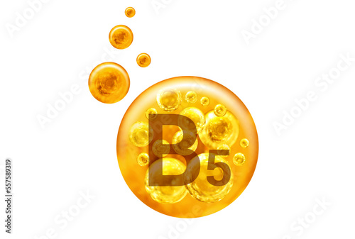  Vitamin B5 capsule. Golden balls with bubbles isolated. Healthy lifestyle concept. photo