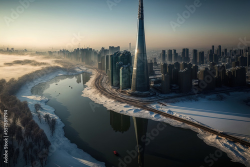 On January 29  2022  an aerial photograph of Lotte World Tower with residences along the Han River was taken in Jamsil  Songpa gu  Seoul  South Korea. Generative AI