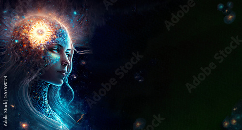 Concept starseed, star seed, origin from other planets or dimensions, spiritual beautiful illustration, fantasy portrait of a star-seed, incarnations, galaxies, universe, copy space, generative AI