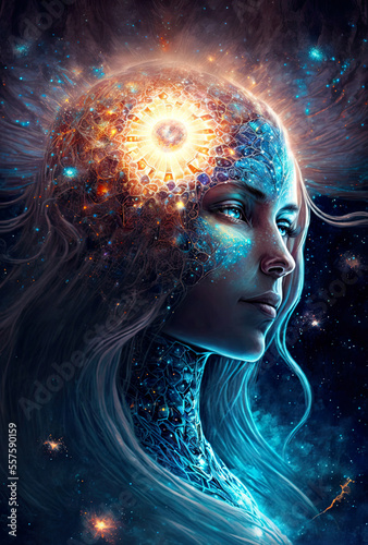 Concept starseed, star seed, origin from other planets or dimensions, spiritual beautiful illustration, fantasy portrait of a star-seed, incarnations, galaxies, universe, copy space, generative AI photo