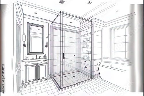Interior bathroom with closet in sketch. Modern home interior line drawing. Washbasin, bath, mirror, tiles, and lights illustration. Generative AI