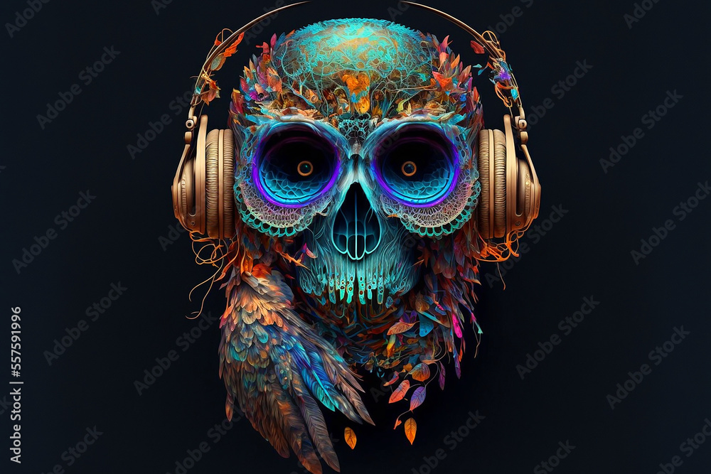 owl skeleton with headphones. Generative AI	