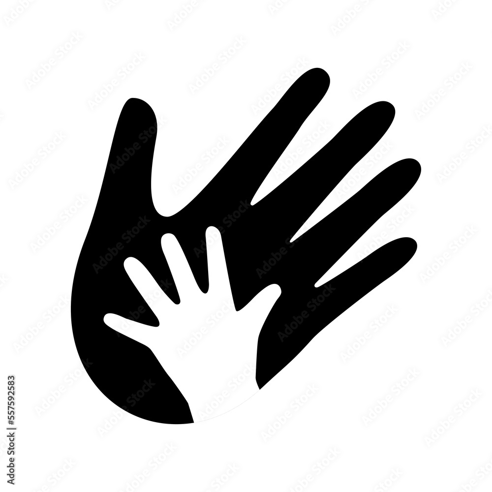 Adult and child hands simple graphic icon vector. Helping hand graphic design element isolated on a white background. Parent hand and child hand black and white vector Adult and child hands simple graphic icon vector. Helping hand graphic design element isolated on a white background. Parent hand and child hand black and white vector