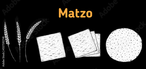 Matzo cooking and ingredients for matzo illustration. Middle eastern cuisine. Traditional passover food, design elements. Hand drawn, menu and package design. Jewish food.