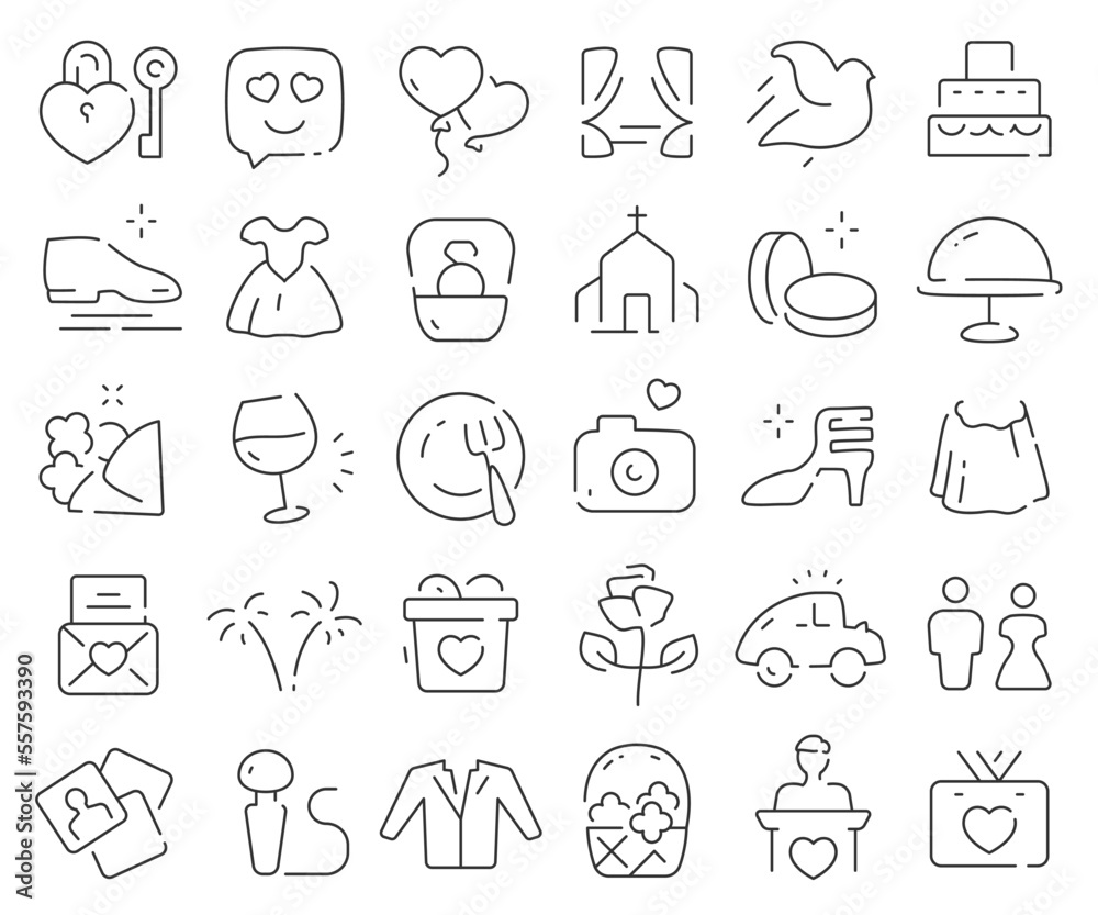 Wedding line icons collection. Thin outline icons pack. Vector illustration eps10 Wedding line icons collection. Thin outline icons pack. Vector illustration eps10