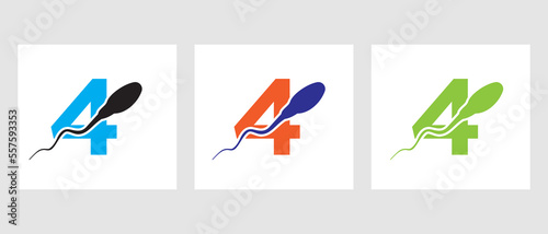 Letter 4 Sperm Cell Logo Template. Sperm Bank Medical Symbol