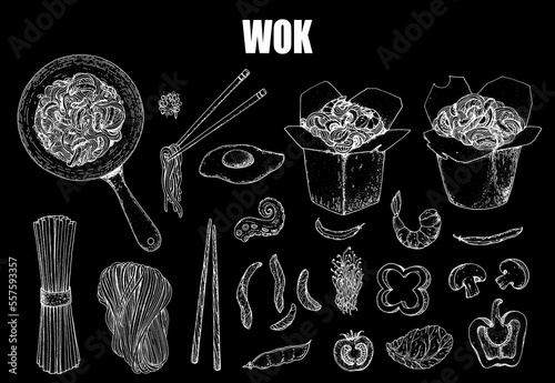 Wok noodles sketch, ingredients for wok. Design elements. Hand drawn collection. Vector illustration . Noodles in a carton box. Asian food.