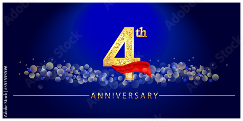 4 anniversary celebration. 4th anniversary celebration.  4 year anniversary celebration logo with glitter, confetti, red ribbon and blue background.