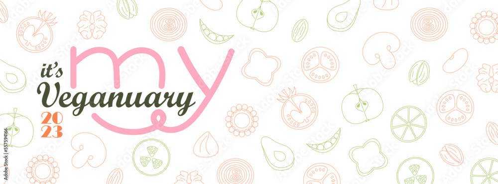 My Veganuary 2023 background with doodle vegetables and nuts. January go vegan challenge. Poster, banner template. Vector illustration