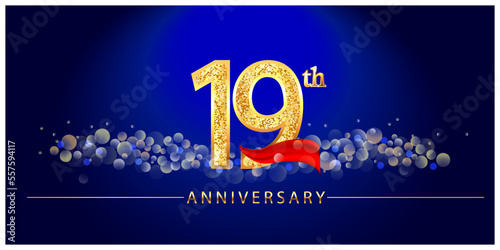 19 anniversary celebration. 19th anniversary celebration. 19 year anniversary celebration logo with glitter, confetti, red ribbon and blue background.