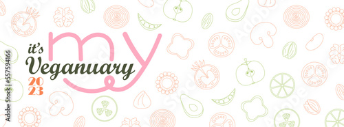 My Veganuary 2023 background with doodle vegetables and nuts. January go vegan challenge. Poster, banner template. Vector illustration