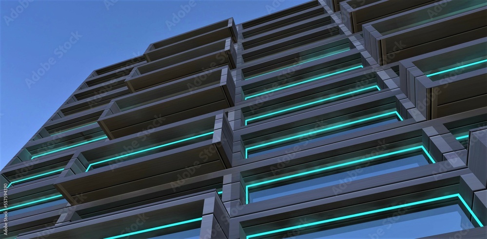 Turquoise day illumination of the window arches of the newly built apartment building. Amazing blue sky above. 3d rendering. Turquoise day illumination of the window arches of the newly built apartment building. Amazing blue sky above. 3d rendering.
