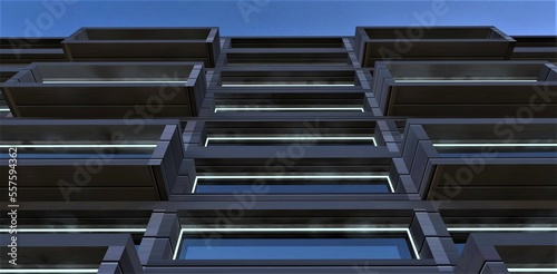Bottom view of the contemporary apartment building facade made of metal walls and panoramic windows. 3d rendering.