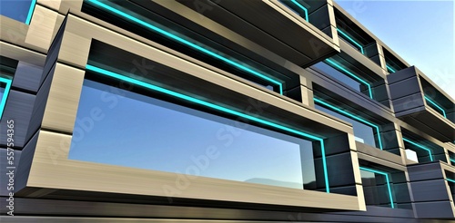 Futuristic apartment building facade made of glass and metal against the blue sunny sky. Turquoise LED illumination. 3d rendering.