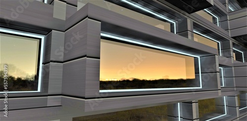 Aluminium facade of the contemporary apartment building. Stylish windows illuminated with white LED stripe. Reflection of the amazing sunset. 3d rendering.