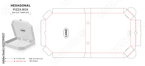 Wallpaper Mural Hexagonal pizza box die cut template medium size with 3D blank vector mockup for food packaging Torontodigital.ca