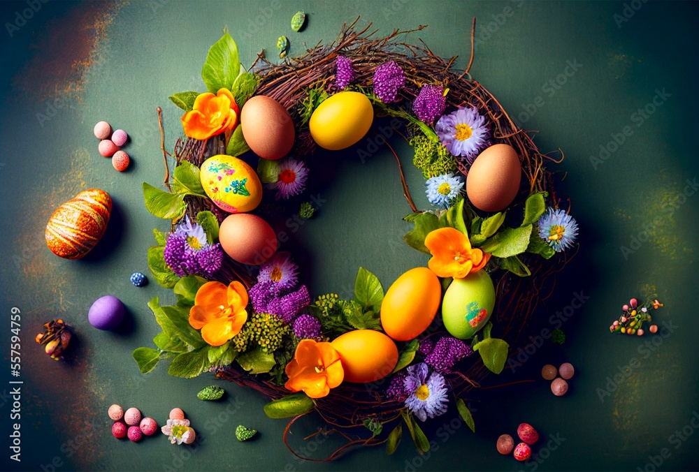 easter eggs and flowers wreath, generated image easter eggs and flowers wreath, generated image