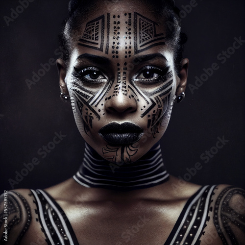 Portrait of a afro girl with tattoo, african - Generative AI