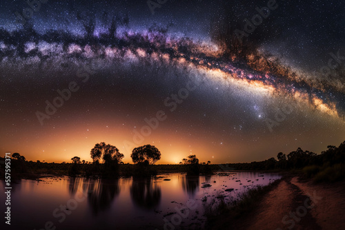 Long exposure panorama with grain of the Milky Way taken in phitsanulok in Thailand. Generative AI
