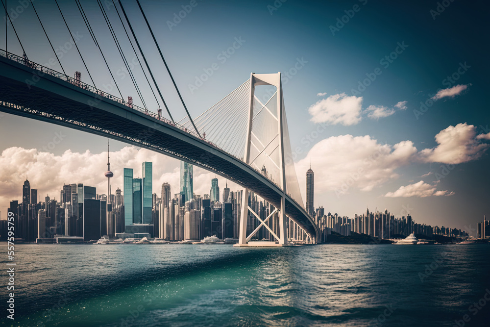 Obraz premium view of Hong Kong with skylines and bridges as seen from the sea. Generative AI