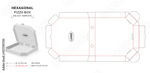 Hexagonal pizza box die cut template with 3D blank vector mockup for food packaging
