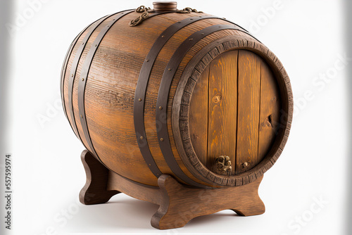 Oak barrel made of wood, isolated on a white background. Generative AI