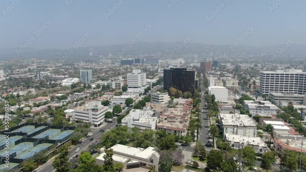 Beverly Hills Aerial Shot La Cienega Blvd Elevate Los Angeles California USA Beverly Hills Aerial Shot La Cienega Blvd Elevate Los Angeles California USA