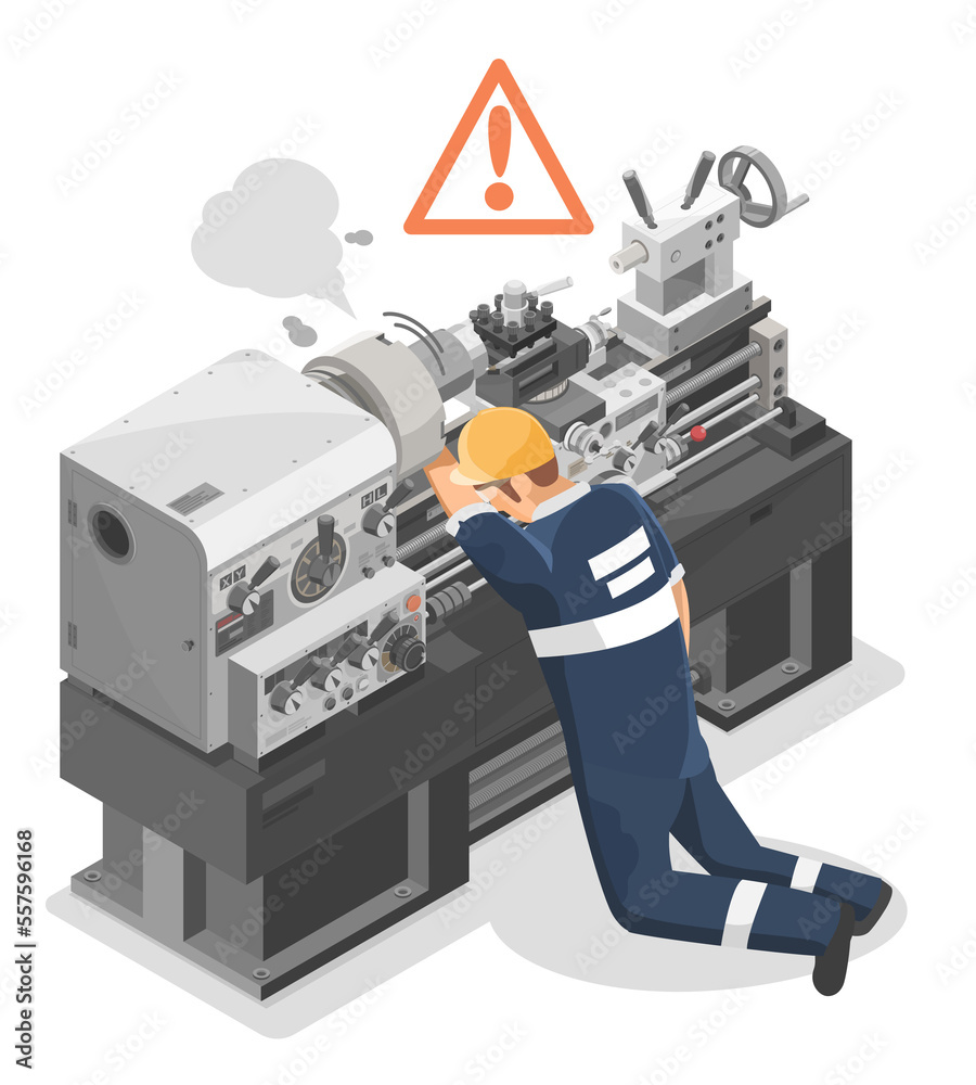 Worker is Injured Danger Heavy Duty Metal Lathe Machine Technician metalworker industrial