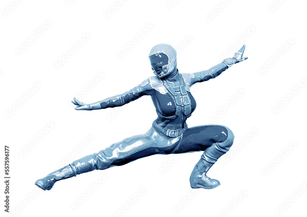 cosmonaut girl is doing a kung fu fighter pose on white background cosmonaut girl is doing a kung fu fighter pose on white background