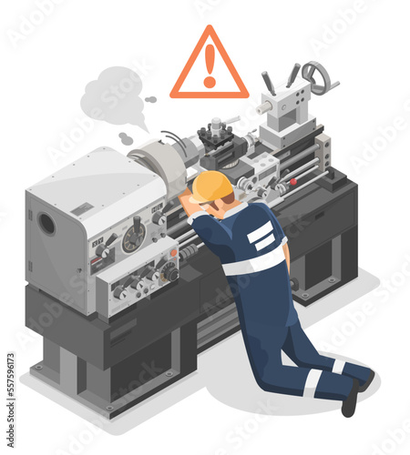 Worker is Injured Danger Heavy Duty Metal Lathe Machine Technician metalworker industrial experienced operator Maintenance concept isometric industrial machinery labor working on white background
