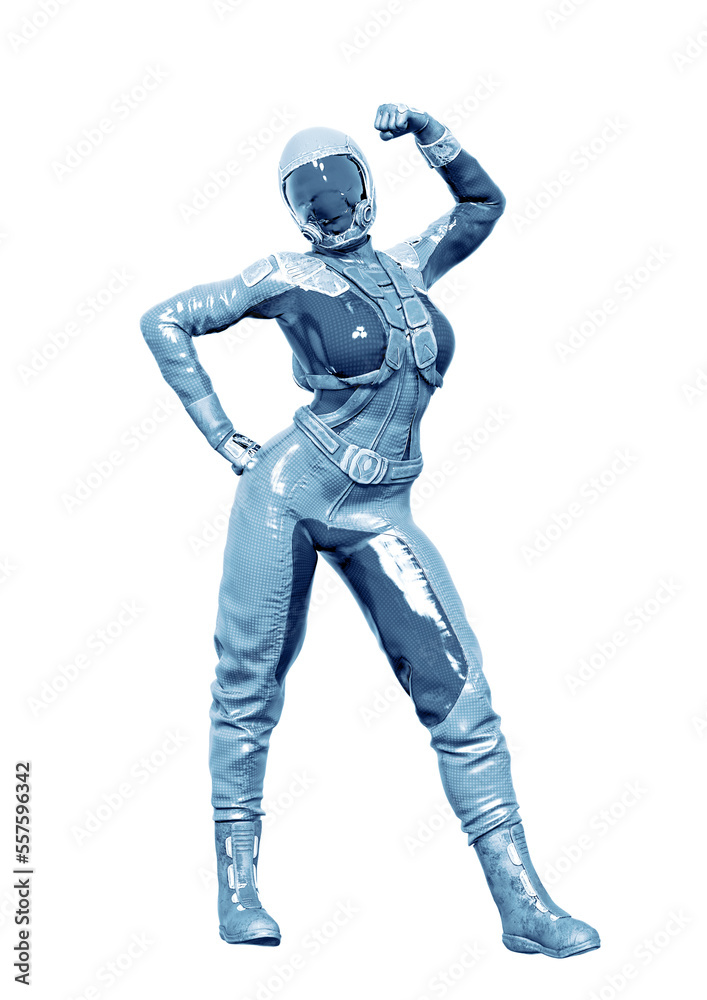 cosmonaut girl is celebrating on white background cosmonaut girl is celebrating on white background